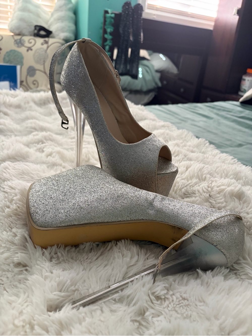 Silver Glitter Platform Peep-Toe Heel with Clear Stiletto and Ankle Strap